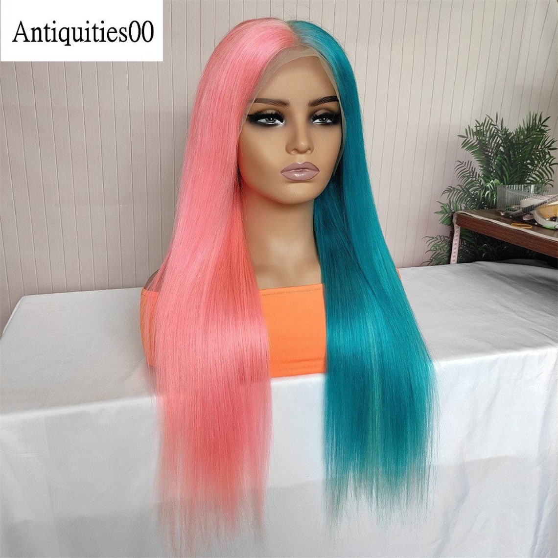 Pink Blue Lace Front Wigs Human Hair Long Straight Half Pink and Half Light Blue Lace Front Wigs
