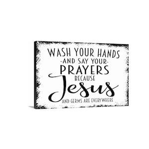 Letrero "Lávate las manos y reza" / Letrero metálico o lienzo divertido para baño / Decoración de pared de estilo rústico cristiano