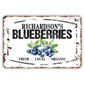 May include: A rectangular metal sign with a white background and distressed rust-colored edges. The text reads RICHARDSON'S BLUEBERRIES in black, with a watercolor illustration of blueberries and green leaves, and the words FRESH - LOCAL - ORGANIC.