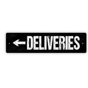 Deliveries With Right or Left Arrow Sign - Packages Here Delivery Entrance Drop Off Rustic Street Metal Sign or Door Name Plate Plaque