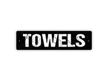 Towels Sign - Swimming Pool Shower Bathroom Beach Rustic Metal Street Sign or Door Name Plate Plaque