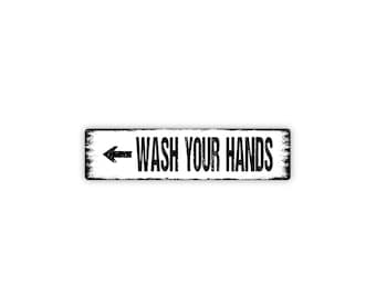 Wash Your Hands Metal Sign with Arrow, Restroom Direction Sign, Bathroom Hygiene Notice, Hand Washing Wall Decor