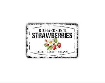Personalized Strawberries Sign | Custom Farm Wall Decor Metal Sign or Magnet Strawberry Patch Sign for Farm Stand, Garden