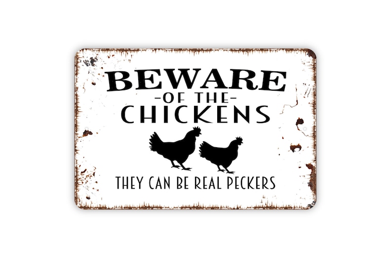 Beware Of Chickens They Can Be Real Peckers Sign Funny Rooster Farm Metal Indoor or Outdoor Wall Art image 4