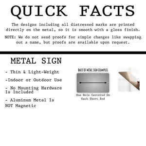a collection of metal signs, including a metal sign with a back of metal sign examples, and a metal sign that is thin and light-weight, suitable for indoor or outdoor use, and does not require mounting hardware. The metal sign is also made of aluminum metal, which is not magnetic.