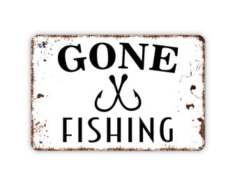 Gone Fishing With Fish Bait Hooks Funny Metal Sign, Farmhouse Wall Decor Modern Wall Metal Sign