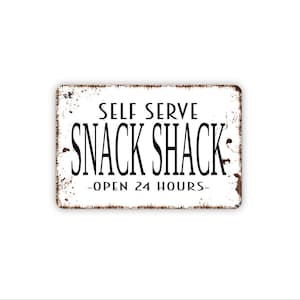 Self Serve Snack Shack Open 24 Hours Sign | Funny Snack Bar Wall Decor for Kitchen Game Room | Metal Sign or Magnet Gift Humor Quote