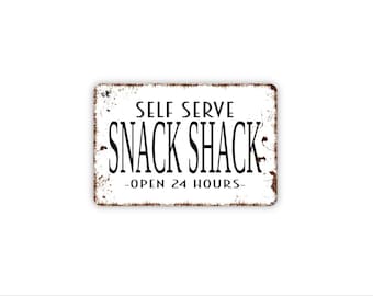 Self Serve Snack Shack Open 24 Hours Sign | Funny Snack Bar Wall Decor for Kitchen Game Room | Metal Sign or Magnet Gift Humor Quote