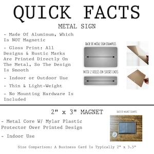 The image is a collection of two metal sign designs, one with a glossy print and the other with a back of metal sign examples. The signs are printed directly on the metal, so the design is smooth. The signs are suitable for indoor and outdoor use, are thin and light-weight, and do not require mounting hardware. The size comparison shows that a business card is typically 2" x 3" in size.