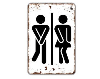 Panneau humoristique et non genré pour les toilettes | Panneau pour toilettes homme/femme jambes croisées | Décoration murale inclusive pour les toilettes | Panneau en métal ou aimant