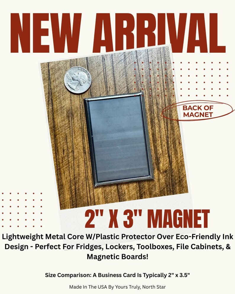 The image is an advertisement for a new arrival of a 2" x 3" magnet. It features a close-up of the magnet on a wooden surface, along with a coin placed next to it. The magnet is described as a light metal core with a plastic protector over eco-friendly ink, designed for use with fridges, lockers, toolboxes, file cabinets, and magnetic boards. The advertisement also includes a size comparison, stating that a business card is typically 2" x 3.5".