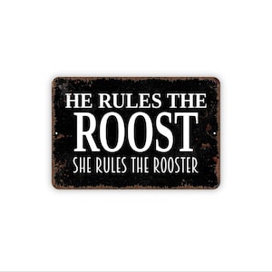 He Rules the Roost She Rules the Rooster Sign | Funny Farmhouse Wall Decor | Metal Sign or Canvas for Home, Kitchen, or Barn