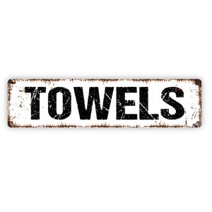 Towels Sign - Swimming Pool Shower Bathroom Beach Rustic Metal Street Sign or Door Name Plate Plaque