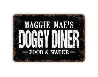 Personalized Doggy Diner Sign | Custom Dog Feeding Area Wall Decor Metal Sign or Magnet Pet Lover Decor for Home