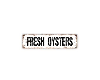 Fresh Oysters Sign | Metal Coastal Wall Decor for Seafood Shack, Kitchen, Patio, Beach House | Vintage Oyster Bar Sign