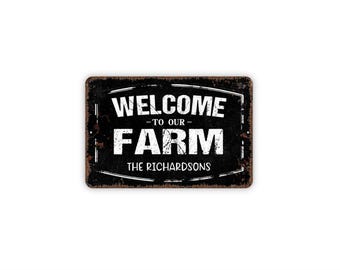 May include: A rectangular metal sign with a distressed black finish and rust-colored edges. The white text reads WELCOME TO OUR FARM and THE RICHARDSONS. The design features a white border frame and a textured, weathered appearance throughout.