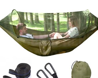 Pop-up Portable Hammock Camping 2 Person with Mosquito Netting Ultralight Nylon Hanging Tree Hammock with Tree Straps
