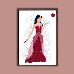 Peut inclure: Illustration d'une femme en robe rouge bustier tenant une rose, avec un fond de contours de roses blanches. L'œuvre est encadrée dans un cadre en bois marron, créant une esthétique classique et élégante.