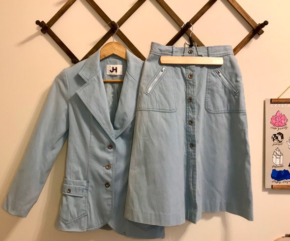 Vintage 70's - Powder Blue Corduroy Blazer Skirt C