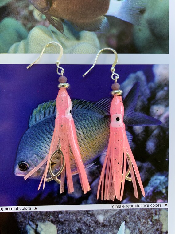 Light Pink (Glow in Dark) Fishing Lure Earrings with Fish