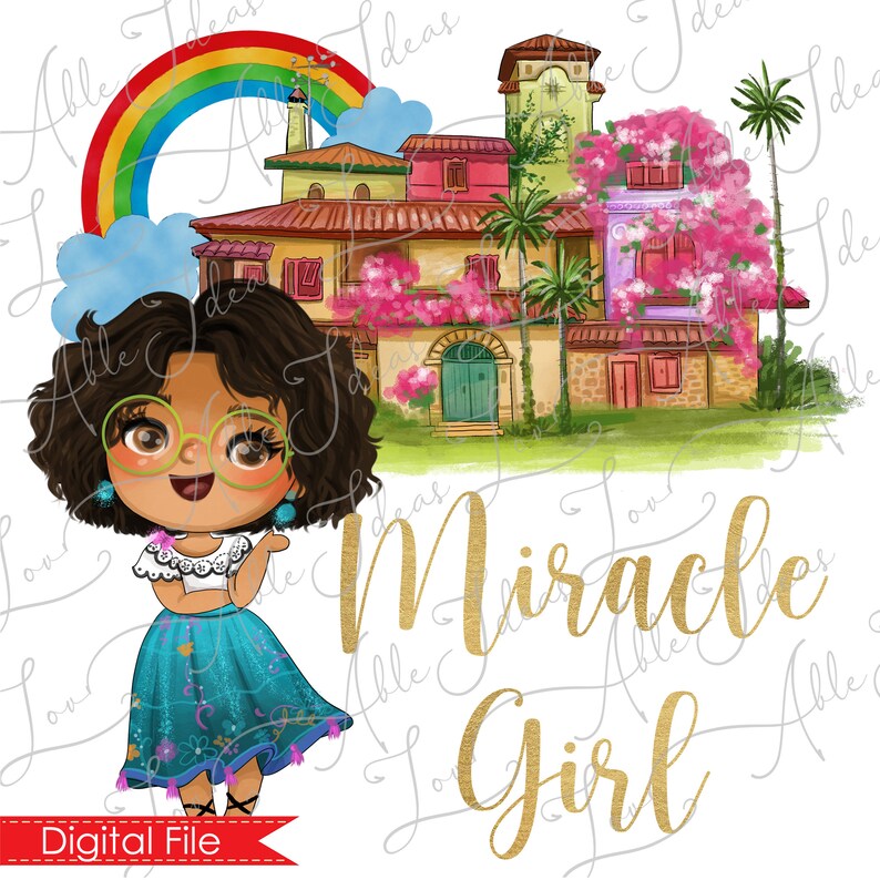 May include: A digital illustration of a girl with brown hair and glasses wearing a blue and white dress. She is standing in front of a colorful house with a rainbow in the background. The text "Miracle Girl" is written in gold letters below the girl.