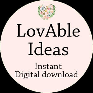 K&ouml;nnte beinhalten: Ein rosa Kreis mit einem floralen Herzdesign und dem Text "LovAble Ideas" in Schwarz. Unter dem Text steht "Instant Digital download" in Schwarz.