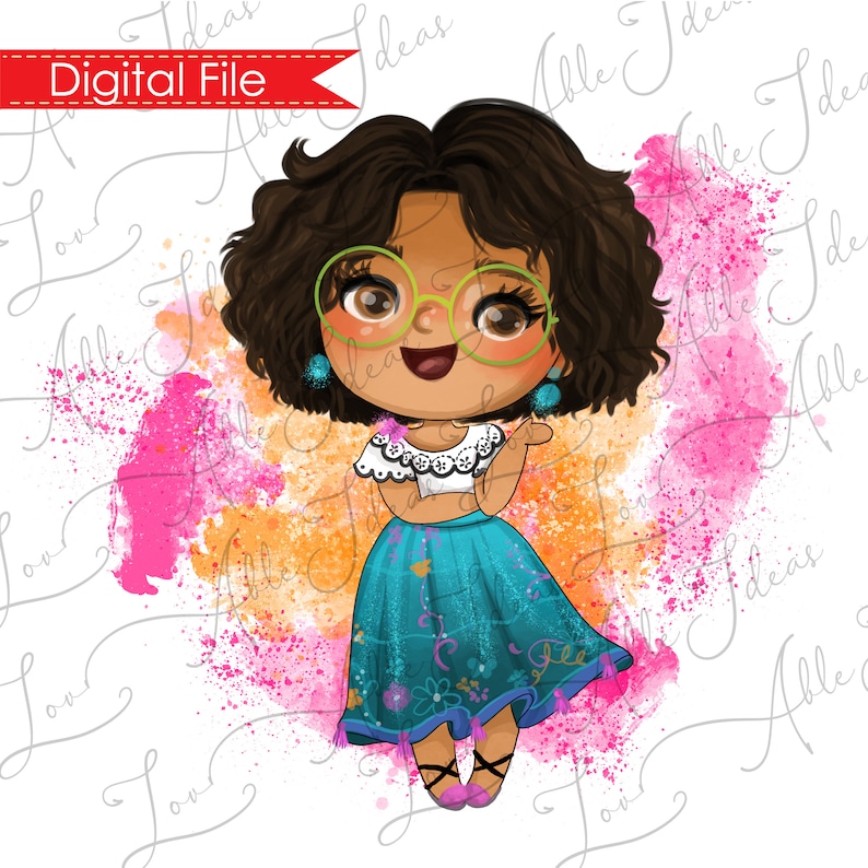 K&ouml;nnte beinhalten: Digitale Illustration eines M&auml;dchens mit braunen Haaren, das eine gr&uuml;ne Brille und einen blau-wei&szlig;en Rock tr&auml;gt. Der Hintergrund ist ein Aquarell in Rosa und Orange.