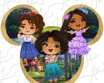 May include: Three cartoon girls with different hairstyles and outfits stand in front of a colorful background. The girls are wearing dresses and have different colored hair. The background is a colorful scene with a house and trees.