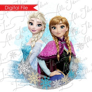 May include: A digital illustration of Elsa and Anna from the movie Frozen. Elsa is wearing a blue and white dress with a braid in her hair. Anna is wearing a pink and purple dress with a brown cape and a braid in her hair. The background is a blue and white watercolor design with snowflakes.