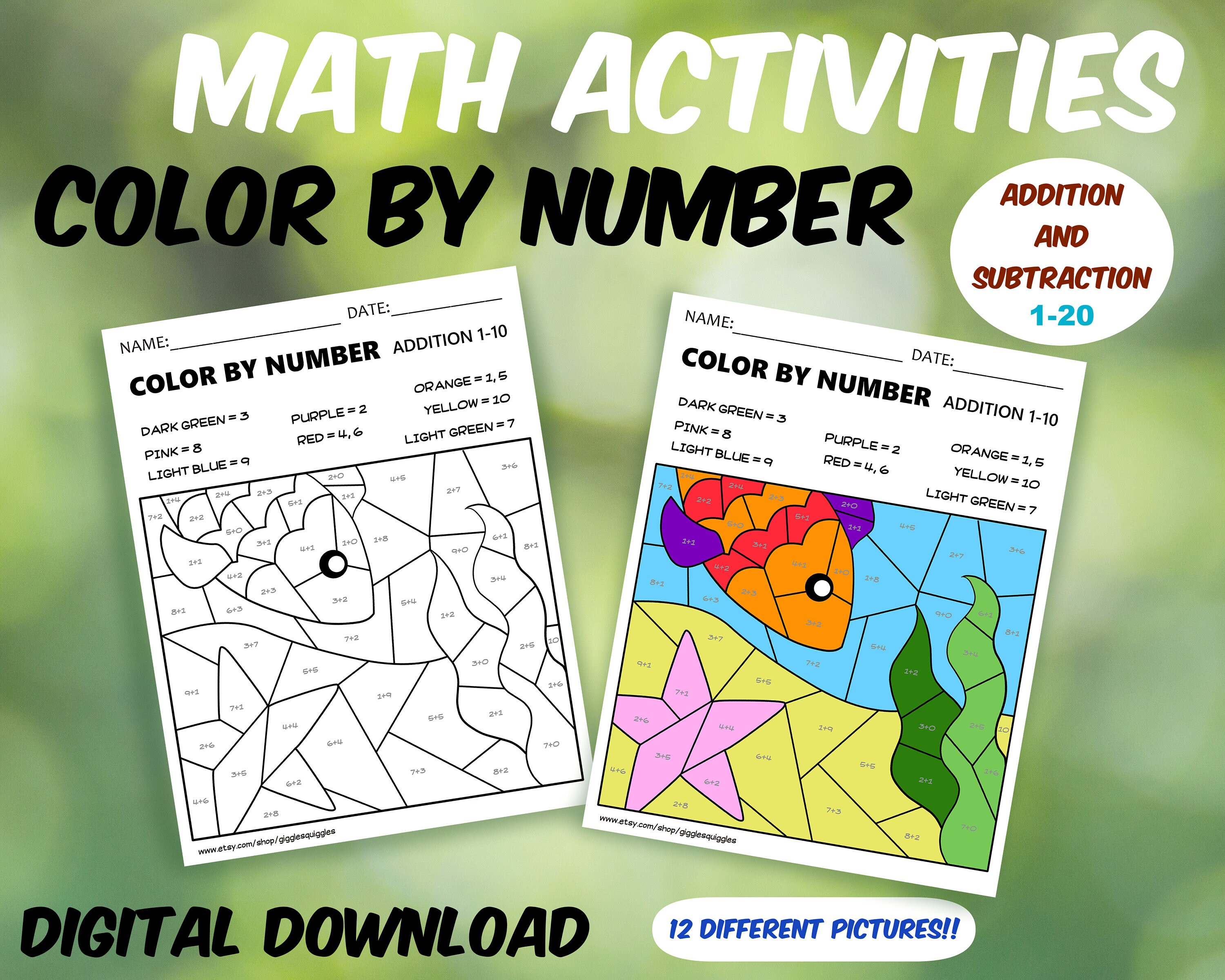 math activities printable color by number addition and etsy ireland