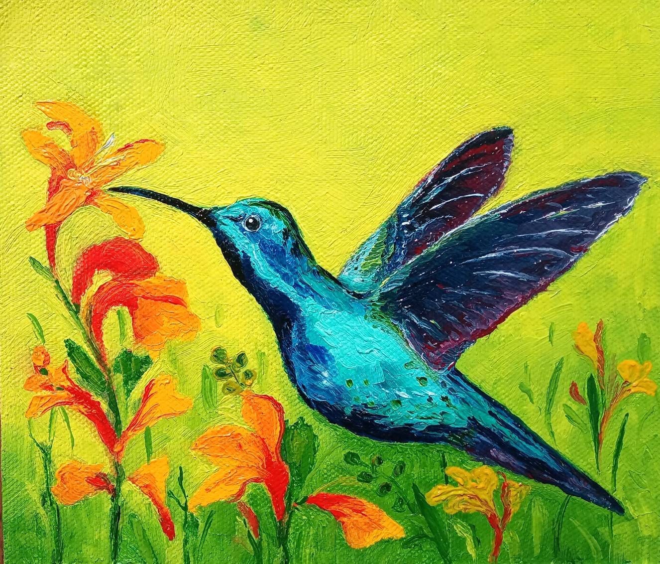 Blaue Kolibri Malerei Original Vogel Kunst auf Leinwand | Etsy
