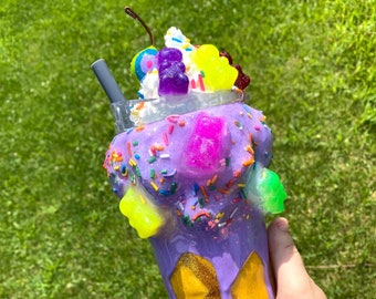 Ice Cream Cone Tumbler BUBBA CUP- Glitter Tumbler - Custom, Personalized - 3D, Purple, Gummy Bears, Sprinkles, Rainbow Cherry, 24 oz