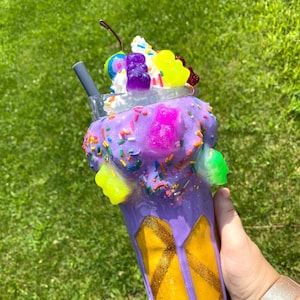 Ice Cream Cone Tumbler BUBBA CUP- Glitter Tumbler - Custom, Personalized - 3D, Purple, Gummy Bears, Sprinkles, Rainbow Cherry, 24 oz