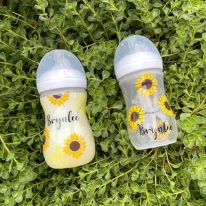 AVENT BOTTLE — Sunflower, White and Yellow Glitter, Baby Bottle - Custom, Personalized, custom color, Customizable