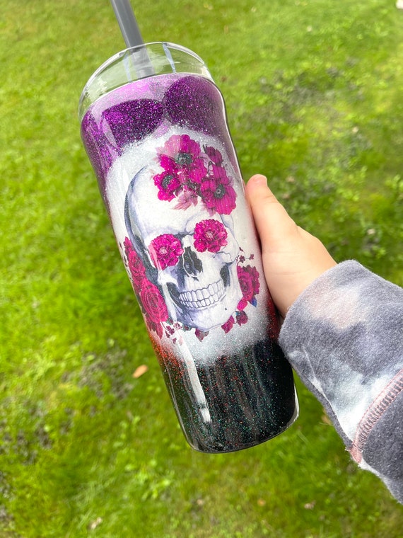 BUBBA CUP Floral Skull, Ombre Custom, Personalized, Glitter Tumbler, 24 Oz  