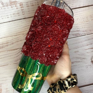 Rose Bouquet Tumbler BUBBA CUP- Glitter Tumbler - Custom, Personalized - 3D handmade Roses, Other Colors Available, Flower Bouquet, 24 oz