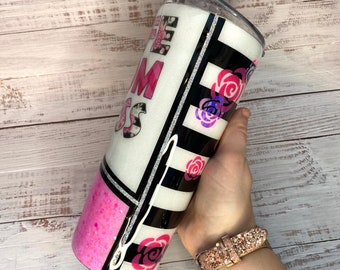 BUBBA CUP— Wife Mom Boss, Split, Striped, Flower, 24 oz Glitter tumbler - Custom, Personalized, Tumbler, Completely Customizable!!!