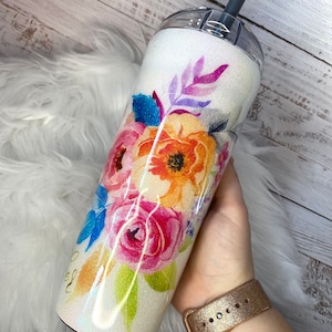 Vaso BUBBA: Botella de agua blanca, dorada, floral, con ramo de flores y purpurina. ¡Personalizable! 24 oz
