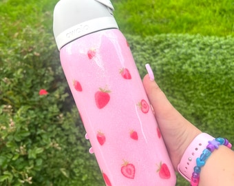 OWALA Strawberries, Strawberry, Fruit, Pink, Summer- Custom Personalized, Glitter Water Bottle Tumbler Cup