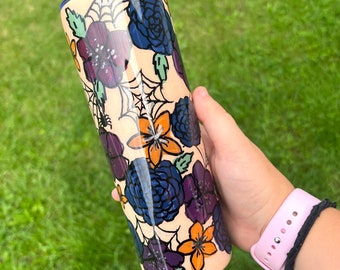 20 oz Skinny- hand painted fall floral, spiderweb, spider, Halloween- Custom Personalized, Glitter Tumbler Cup