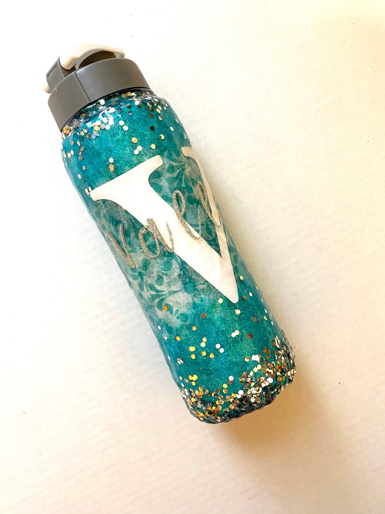 Glitter Water Bottle Blue Print and Silver Initial Custom Etsy