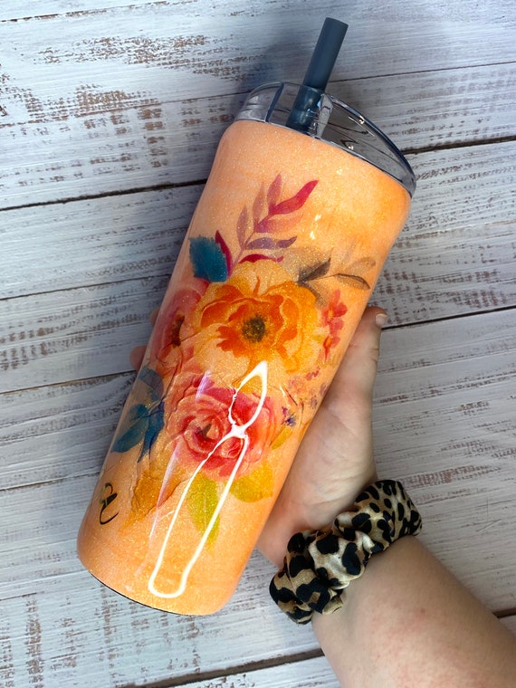 BUBBA CUP Orange, Gold, Floral, Flower Bouquet, Glitter Water Bottle  Custom, Personalized, Tumbler, Completely Customizable 24 Oz 