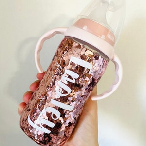 NUK BRAND Sippy Cup- Rose Gold, Flower Girl- Removable handles- Glitter Sippy Cup-Personalized, Baby Bottle, custom colors and design!