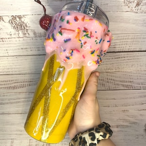 Ice Cream Cone 24 oz BUBBA CUP- Glitter Tumbler - Custom, Personalized - Ice Cream Cup, 3D, Pink Strawberry w/ Sprinkles and Cherry