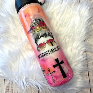 Christian Life, Cross, Sunset, Pink and Orange- Custom, Personalized, Glitter Tumbler or Water Bottle, Stainless Steel Insulated