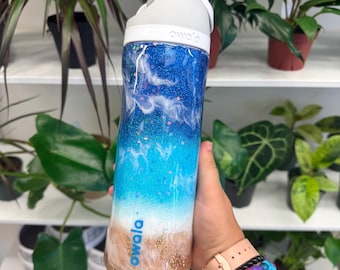 OWALA Glitter Beach, Waves, Ocean- Custom Personalized, Glitter Water Bottle Tumbler Cup
