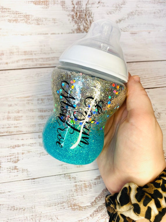 TOMMEE TIPPEE BOTTLE Silver and Blue Glitter Ombré Custom, Personalized,  Glitter Baby Bottle, Custom Color 