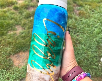 OWALA, Beach, Ocean, Wave- Custom Personalized, Glitter Water Bottle Tumbler Cup