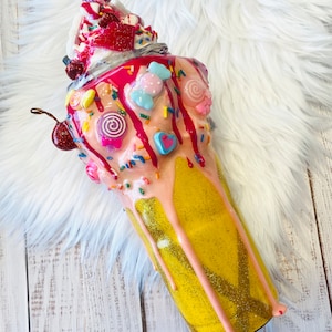 Ice Cream Cone Tumbler BUBBA CUP- 24 oz Glitter Tumbler - Custom, Personalized - 3D, Pink, Candyland, Candy, Sprinkles, Cherry
