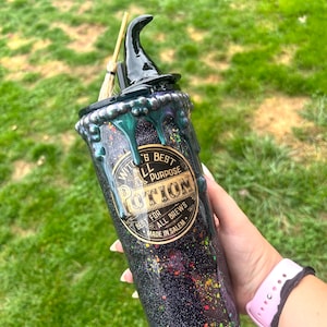 BUBBA CUP— Witch’s Brew, Potion, Cauldron, Broom, 3D Hat, Halloween, Spooky, Salem- Custom, Personalized, Glitter Tumbler, 24 oz